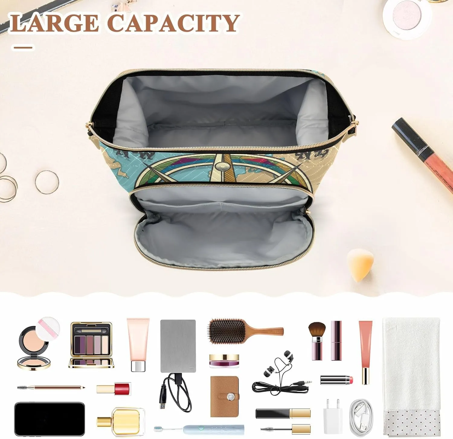 Women Wave Quilt Cosmetic Bag, Storage Pouch Handbag Makeup Case Zipper Toiletry Purse Holder Organizer 10.2x5.9x6.7 in Classic Vintage Wind Compass Rose on Map Background