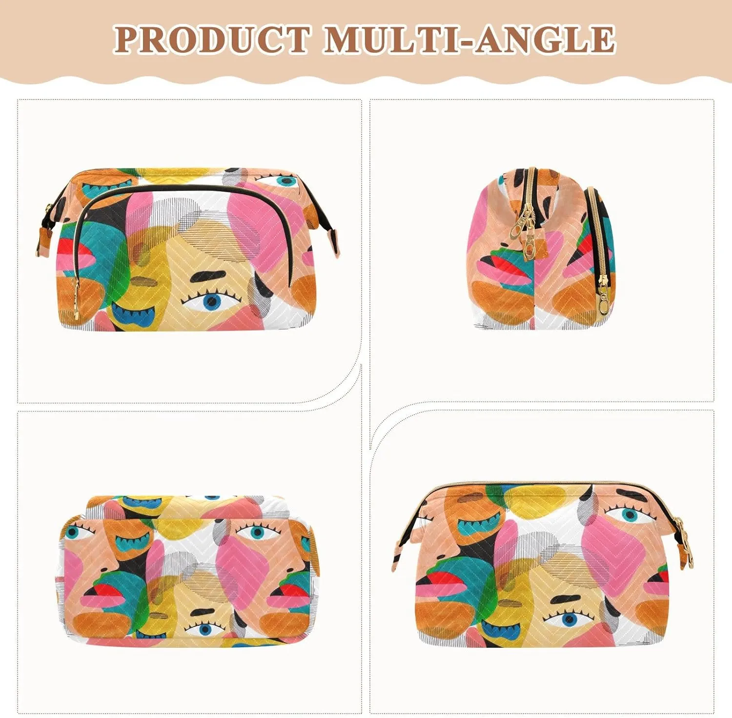Women Wave Quilt Cosmetic Bag, Storage Pouch Handbag Makeup Case Zipper Toiletry Purse Holder Organizer 10.2x5.9x6.7 in Colorful Human Male Female Portrait Texture Modern Abstract Style