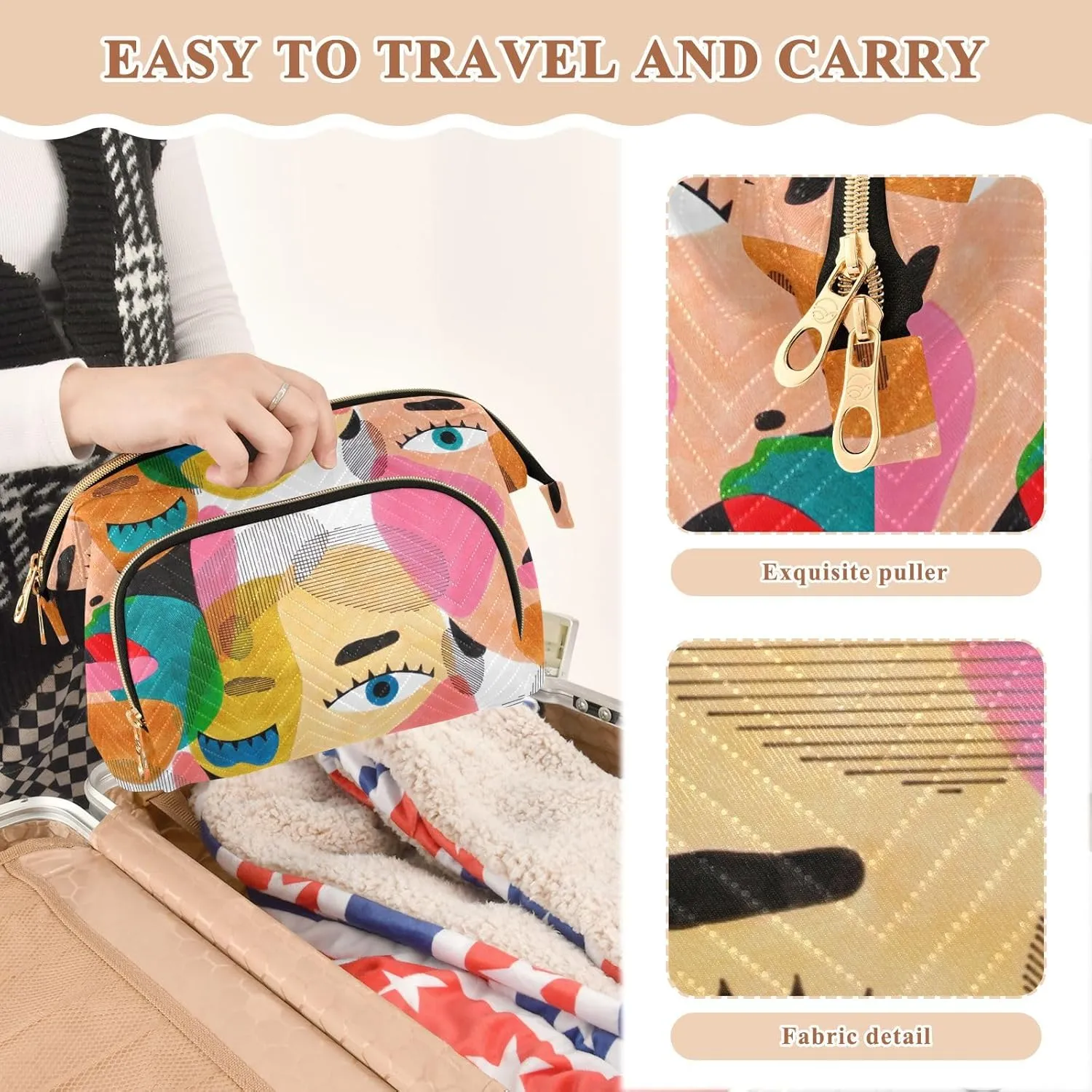 Women Wave Quilt Cosmetic Bag, Storage Pouch Handbag Makeup Case Zipper Toiletry Purse Holder Organizer 10.2x5.9x6.7 in Colorful Human Male Female Portrait Texture Modern Abstract Style