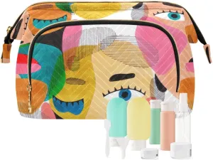 Women Wave Quilt Cosmetic Bag, Storage Pouch Handbag Makeup Case Zipper Toiletry Purse Holder Organizer 10.2x5.9x6.7 in Colorful Human Male Female Portrait Texture Modern Abstract Style