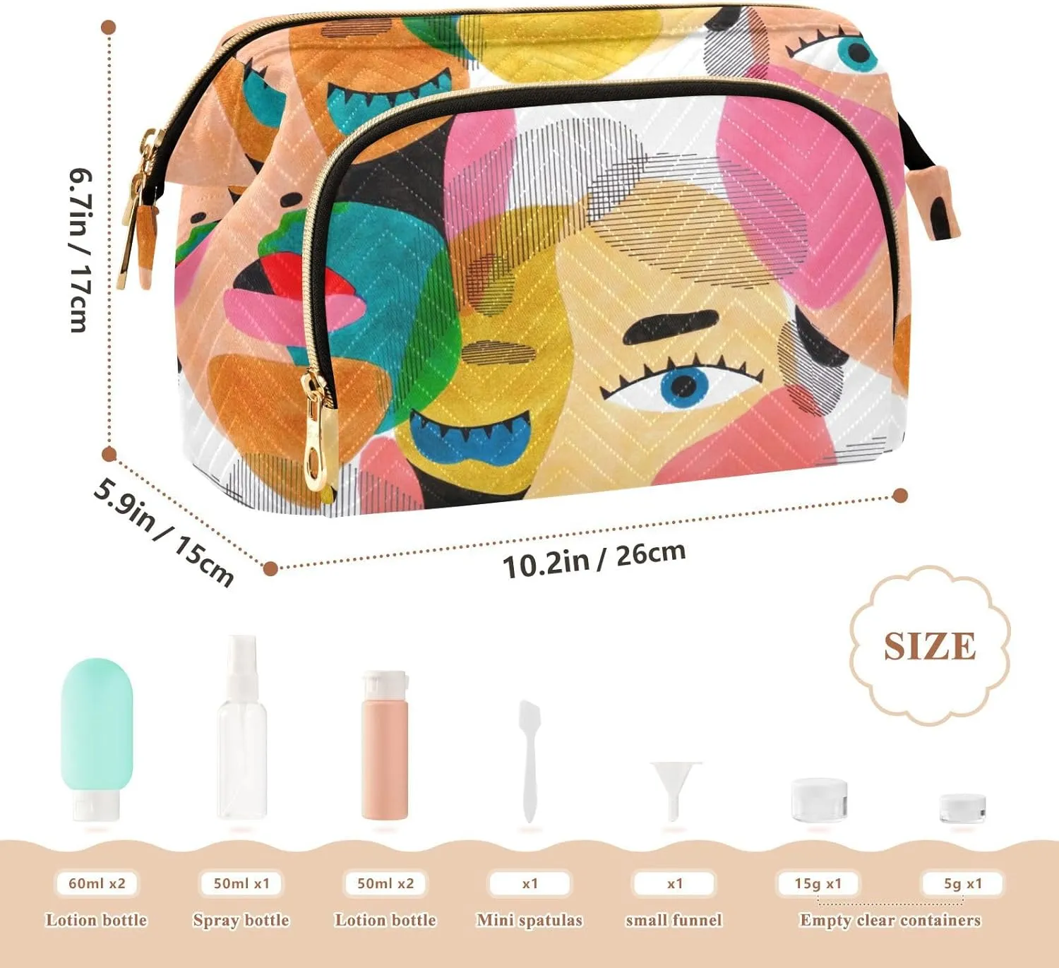 Women Wave Quilt Cosmetic Bag, Storage Pouch Handbag Makeup Case Zipper Toiletry Purse Holder Organizer 10.2x5.9x6.7 in Colorful Human Male Female Portrait Texture Modern Abstract Style