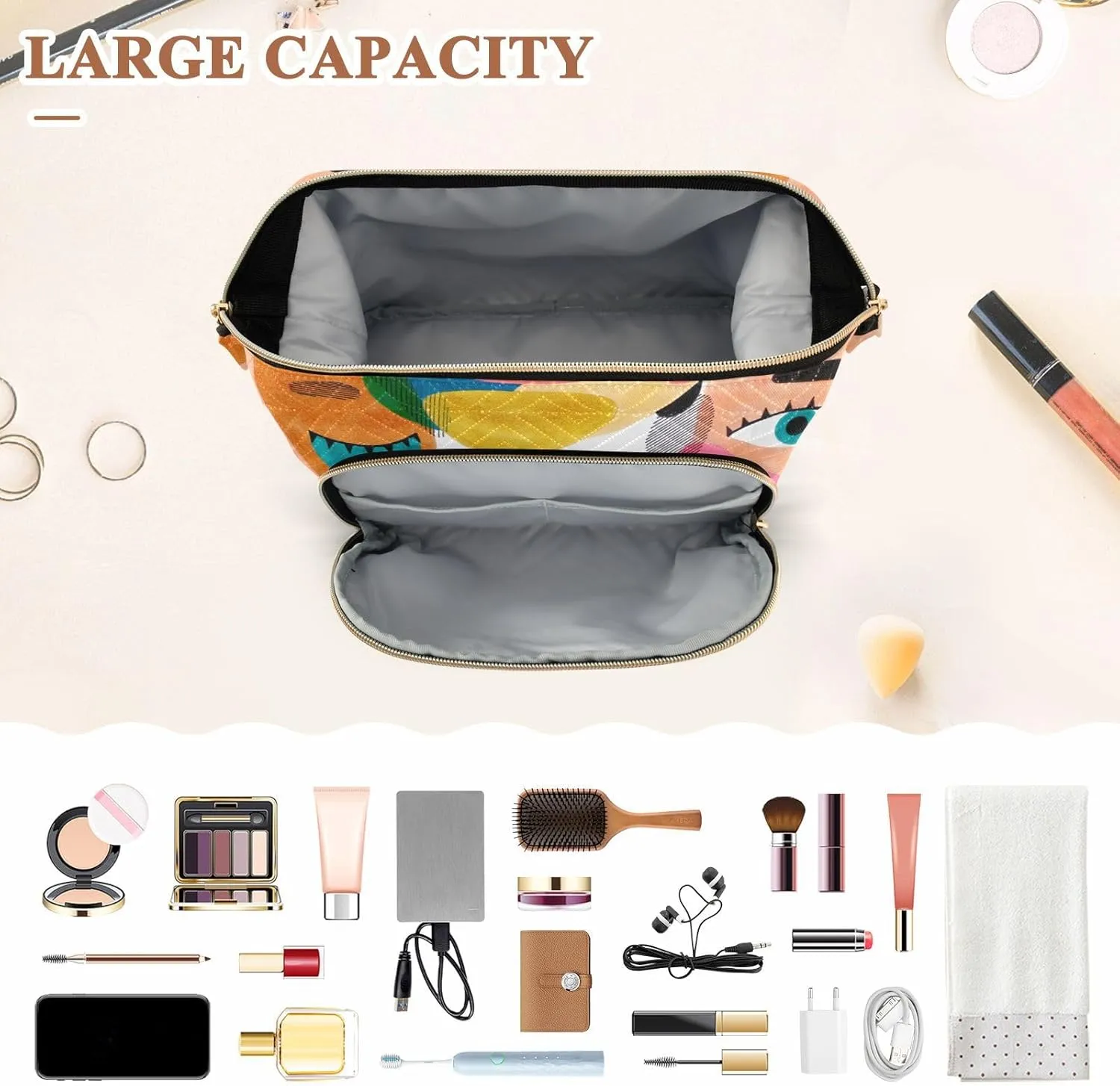 Women Wave Quilt Cosmetic Bag, Storage Pouch Handbag Makeup Case Zipper Toiletry Purse Holder Organizer 10.2x5.9x6.7 in Colorful Human Male Female Portrait Texture Modern Abstract Style