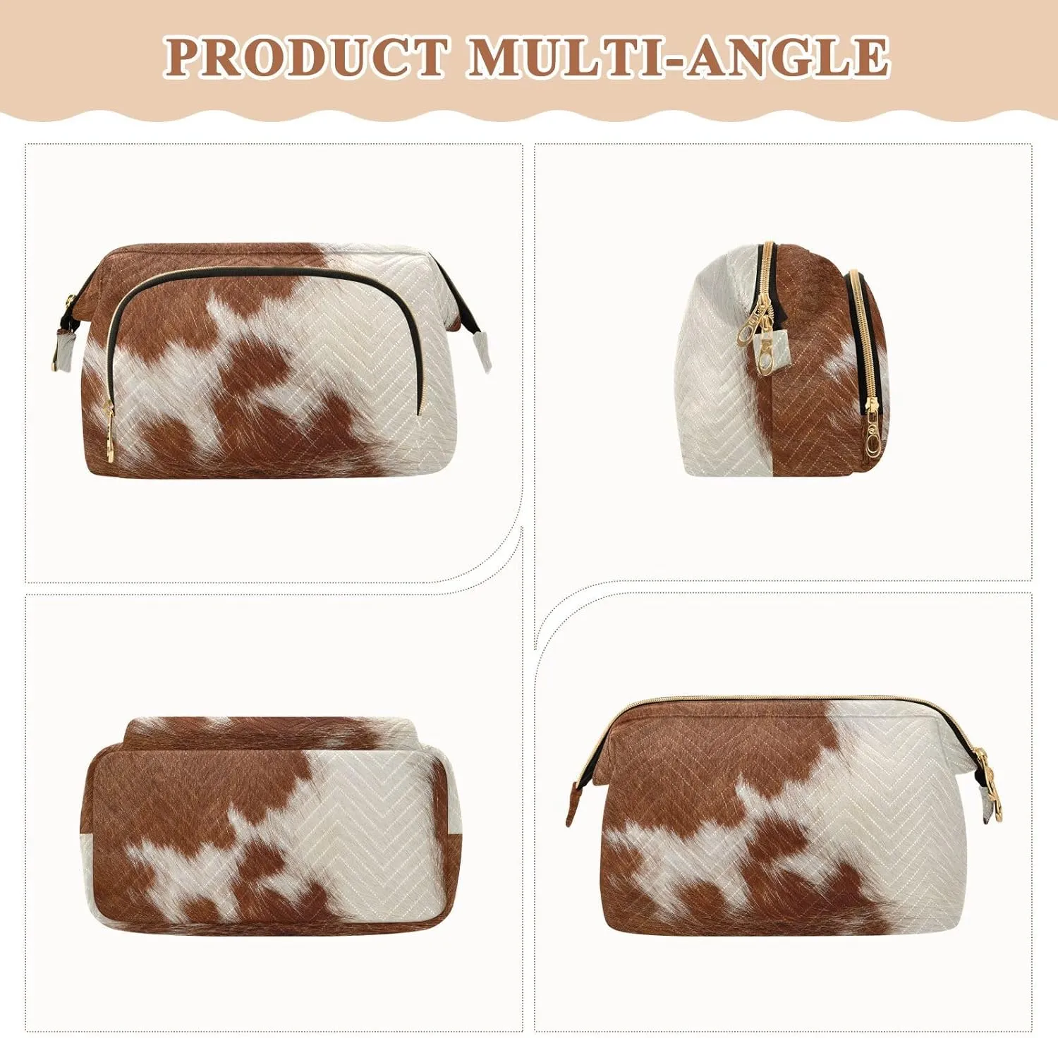 Women Wave Quilt Cosmetic Bag, Storage Pouch Handbag Makeup Case Zipper Toiletry Purse Holder Organizer 10.2x5.9x6.7 in Fragment of a Skin of a Cow Brown White Mixed Color Real Cow Skin