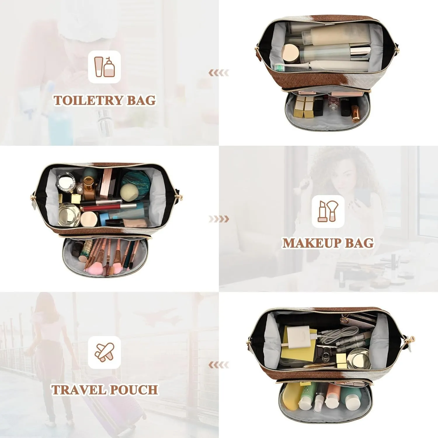 Women Wave Quilt Cosmetic Bag, Storage Pouch Handbag Makeup Case Zipper Toiletry Purse Holder Organizer 10.2x5.9x6.7 in Fragment of a Skin of a Cow Brown White Mixed Color Real Cow Skin