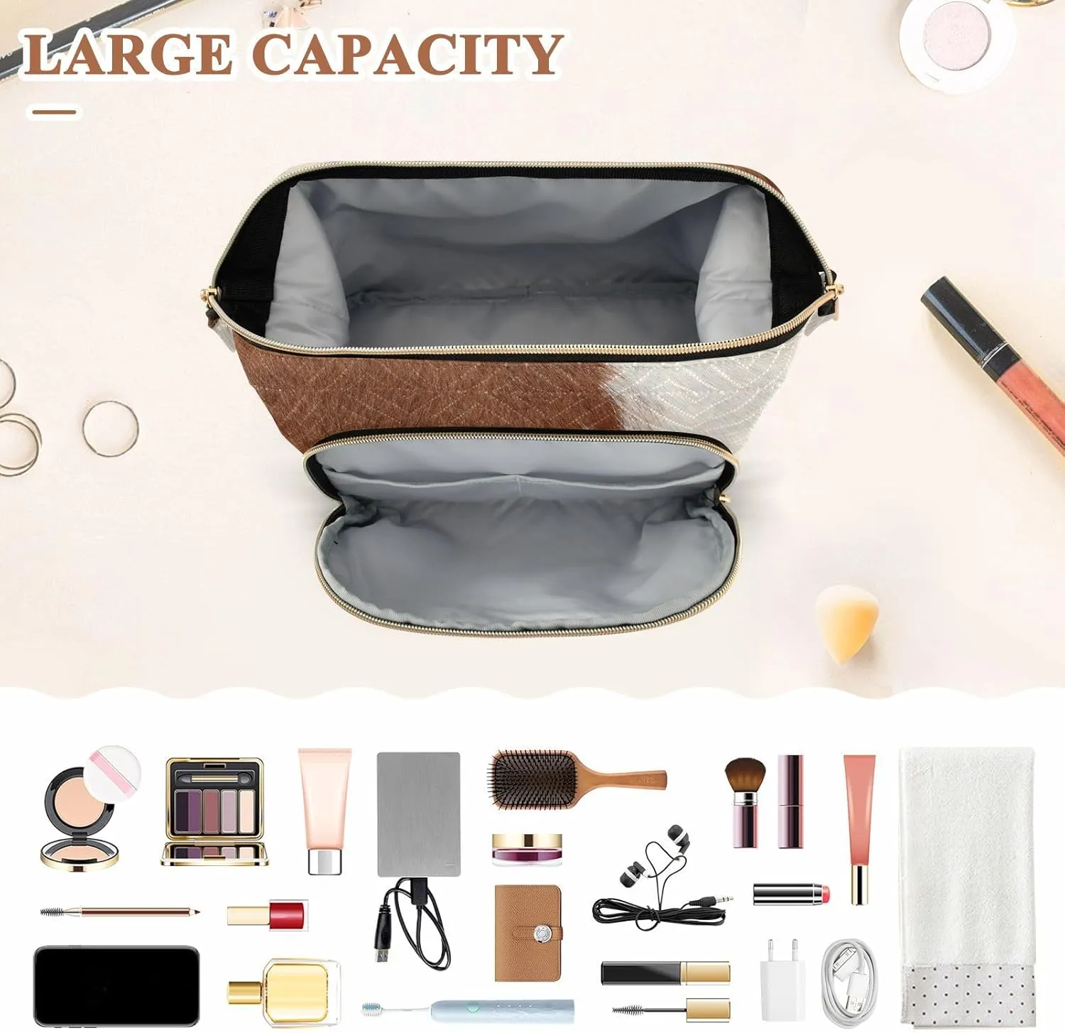 Women Wave Quilt Cosmetic Bag, Storage Pouch Handbag Makeup Case Zipper Toiletry Purse Holder Organizer 10.2x5.9x6.7 in Fragment of a Skin of a Cow Brown White Mixed Color Real Cow Skin