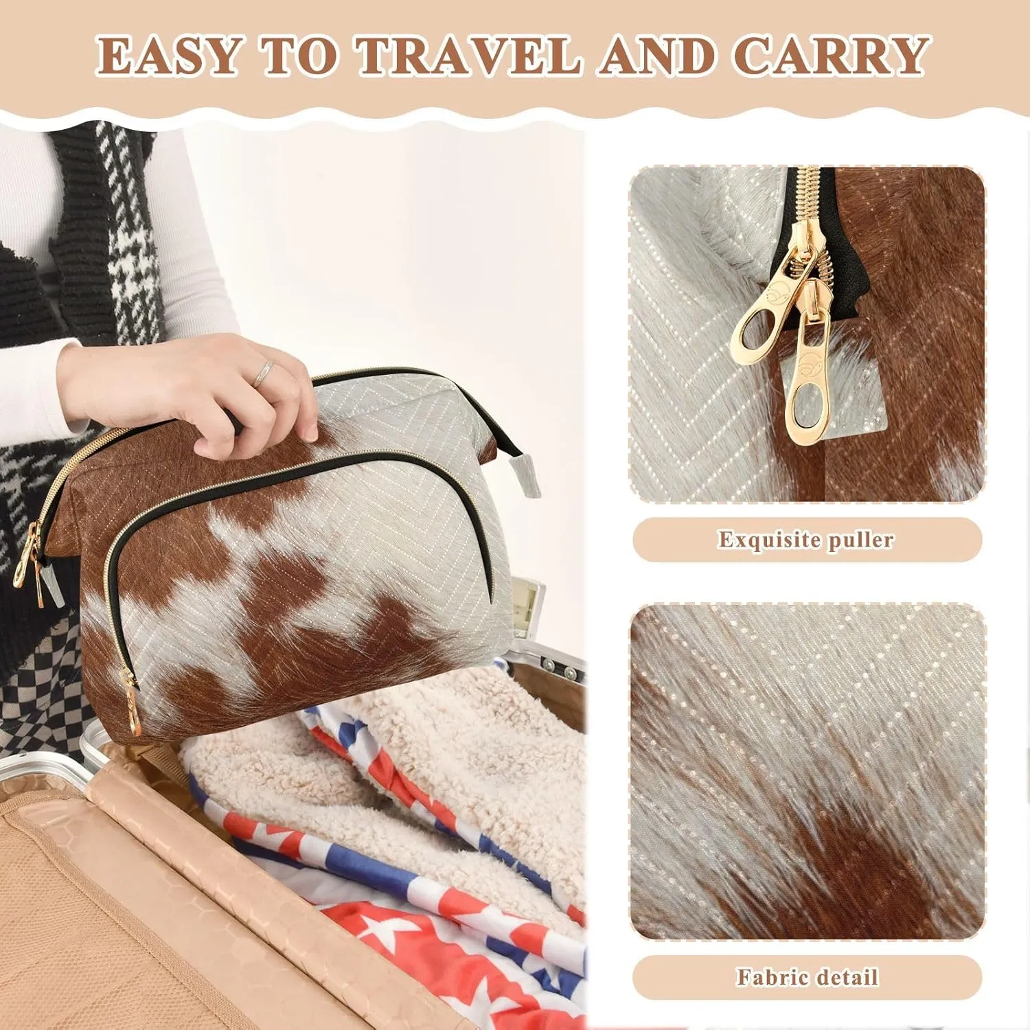 Women Wave Quilt Cosmetic Bag, Storage Pouch Handbag Makeup Case Zipper Toiletry Purse Holder Organizer 10.2x5.9x6.7 in Fragment of a Skin of a Cow Brown White Mixed Color Real Cow Skin