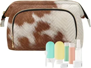 Women Wave Quilt Cosmetic Bag, Storage Pouch Handbag Makeup Case Zipper Toiletry Purse Holder Organizer 10.2x5.9x6.7 in Fragment of a Skin of a Cow Brown White Mixed Color Real Cow Skin