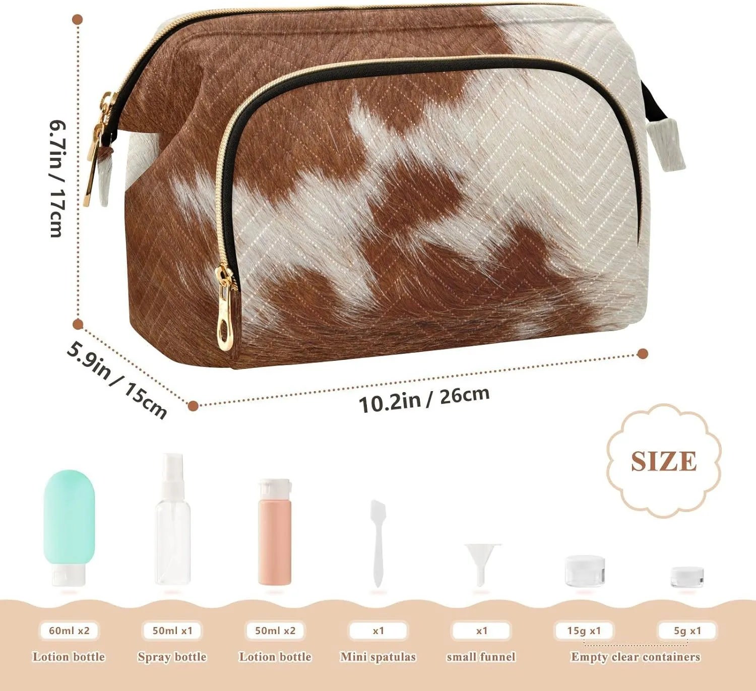 Women Wave Quilt Cosmetic Bag, Storage Pouch Handbag Makeup Case Zipper Toiletry Purse Holder Organizer 10.2x5.9x6.7 in Fragment of a Skin of a Cow Brown White Mixed Color Real Cow Skin