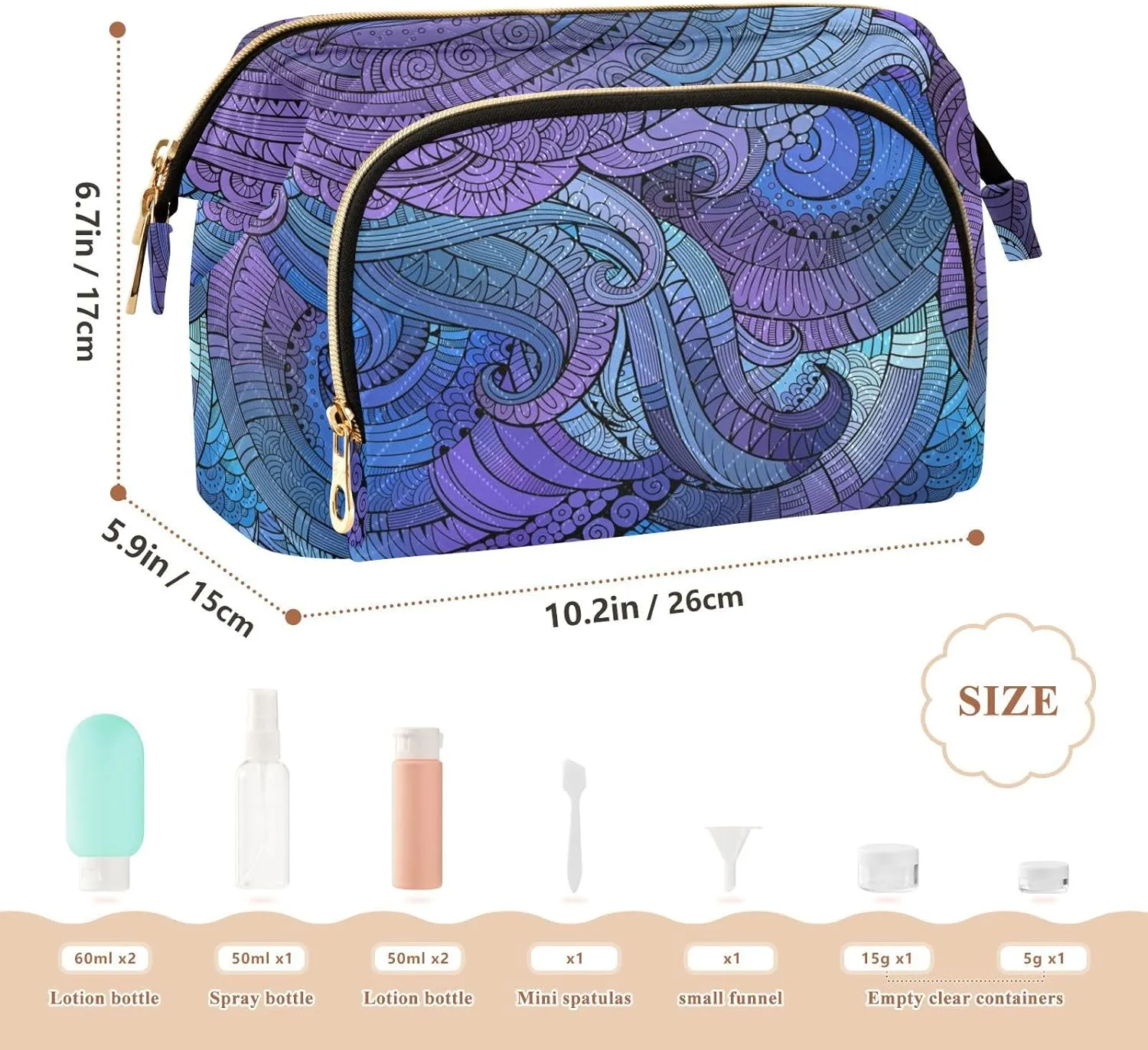 Women Wave Quilt Cosmetic Bag, Storage Pouch Handbag Makeup Case Zipper Toiletry Purse Holder Organizer 10.2x5.9x6.7 in Purple Blue Tribal Ethnic Ornamental Seamless Pattern