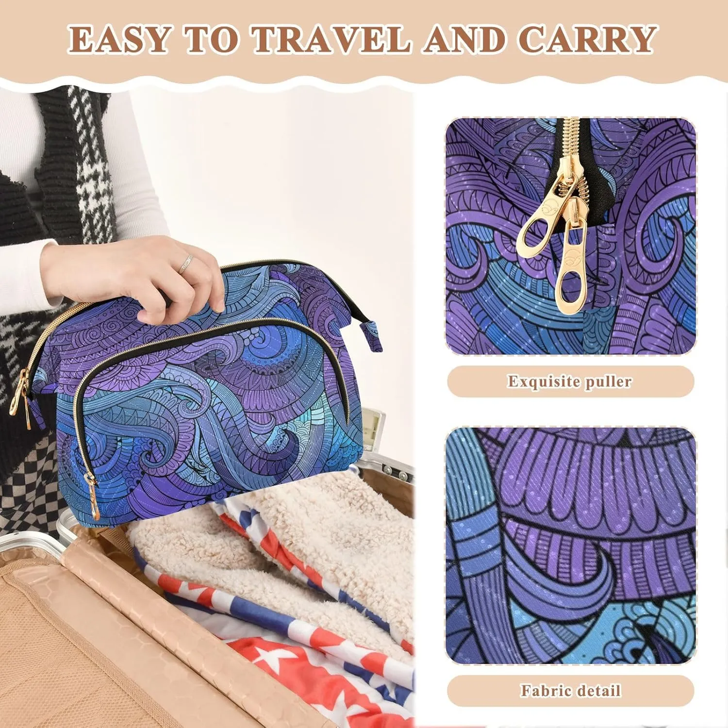 Women Wave Quilt Cosmetic Bag, Storage Pouch Handbag Makeup Case Zipper Toiletry Purse Holder Organizer 10.2x5.9x6.7 in Purple Blue Tribal Ethnic Ornamental Seamless Pattern