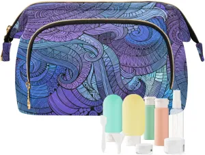 Women Wave Quilt Cosmetic Bag, Storage Pouch Handbag Makeup Case Zipper Toiletry Purse Holder Organizer 10.2x5.9x6.7 in Purple Blue Tribal Ethnic Ornamental Seamless Pattern