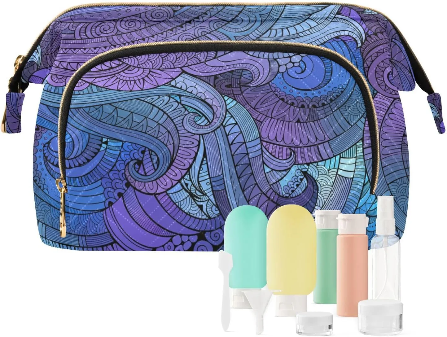 Women Wave Quilt Cosmetic Bag, Storage Pouch Handbag Makeup Case Zipper Toiletry Purse Holder Organizer 10.2x5.9x6.7 in Purple Blue Tribal Ethnic Ornamental Seamless Pattern