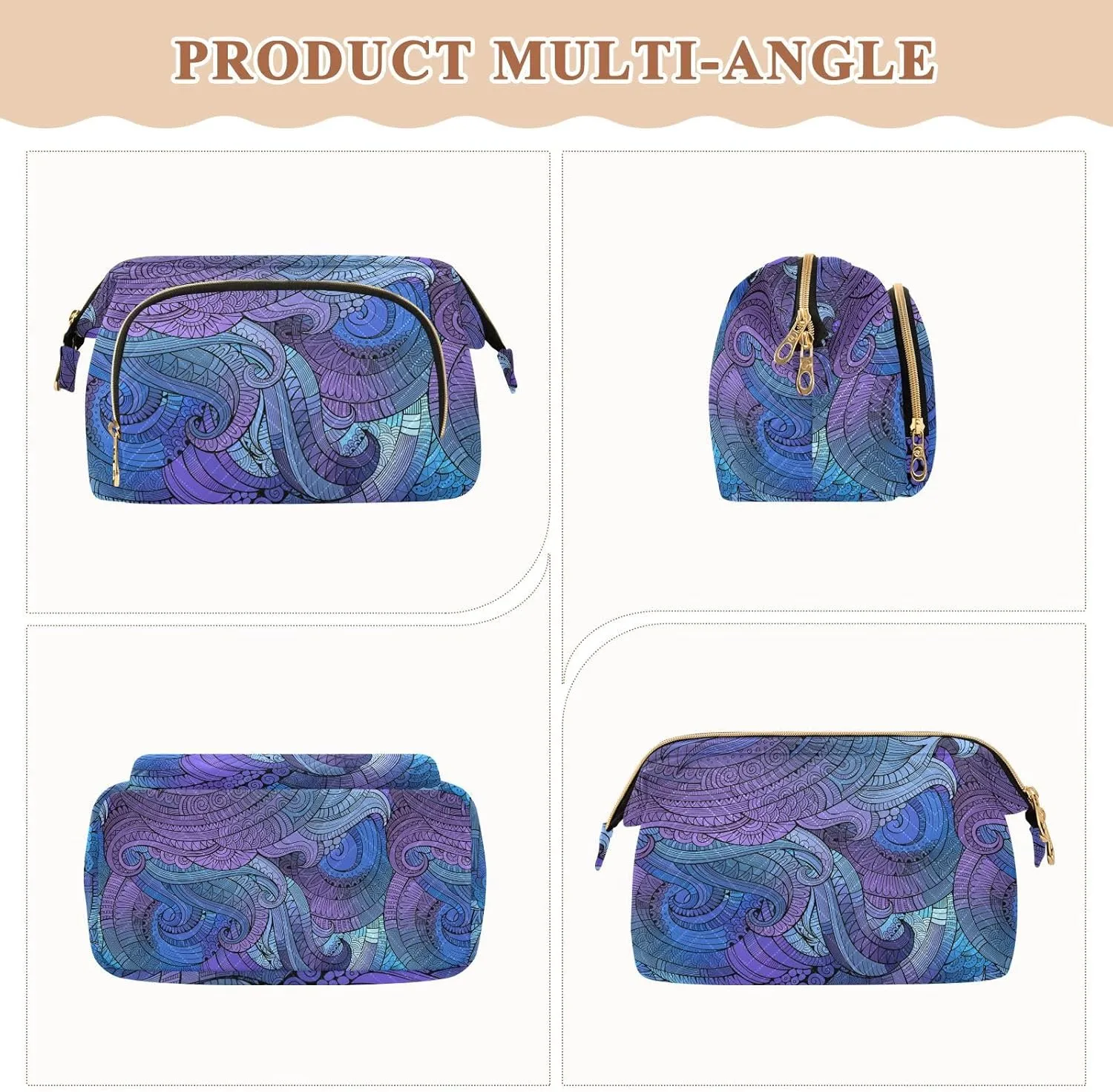 Women Wave Quilt Cosmetic Bag, Storage Pouch Handbag Makeup Case Zipper Toiletry Purse Holder Organizer 10.2x5.9x6.7 in Purple Blue Tribal Ethnic Ornamental Seamless Pattern
