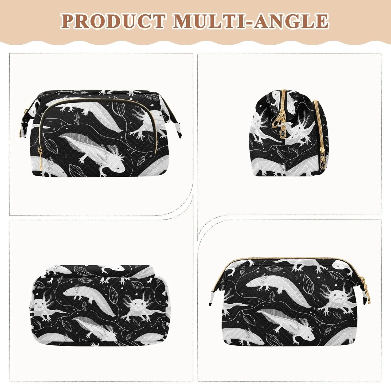 Women Wave Quilt Cosmetic Bag, Storage Pouch Handbag Makeup Case Zipper Toiletry Purse Holder Organizer 10.2x5.9x6.7 in Seamless White Swimming Axolotls, Algae Leaves on Dark