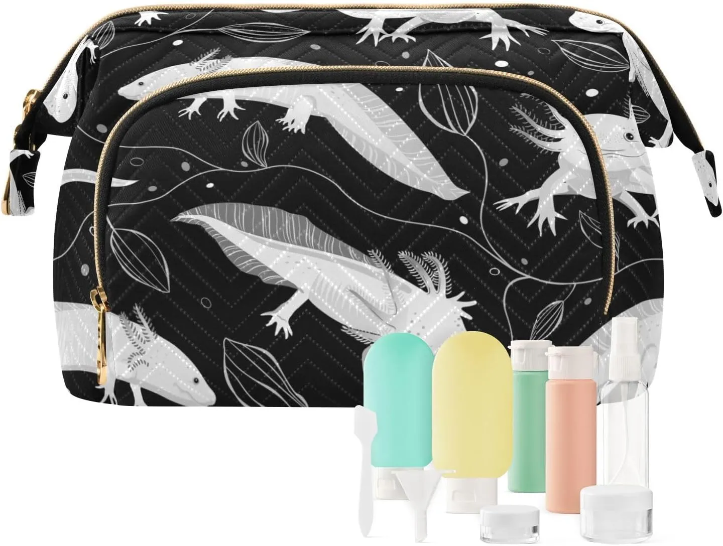 Women Wave Quilt Cosmetic Bag, Storage Pouch Handbag Makeup Case Zipper Toiletry Purse Holder Organizer 10.2x5.9x6.7 in Seamless White Swimming Axolotls, Algae Leaves on Dark