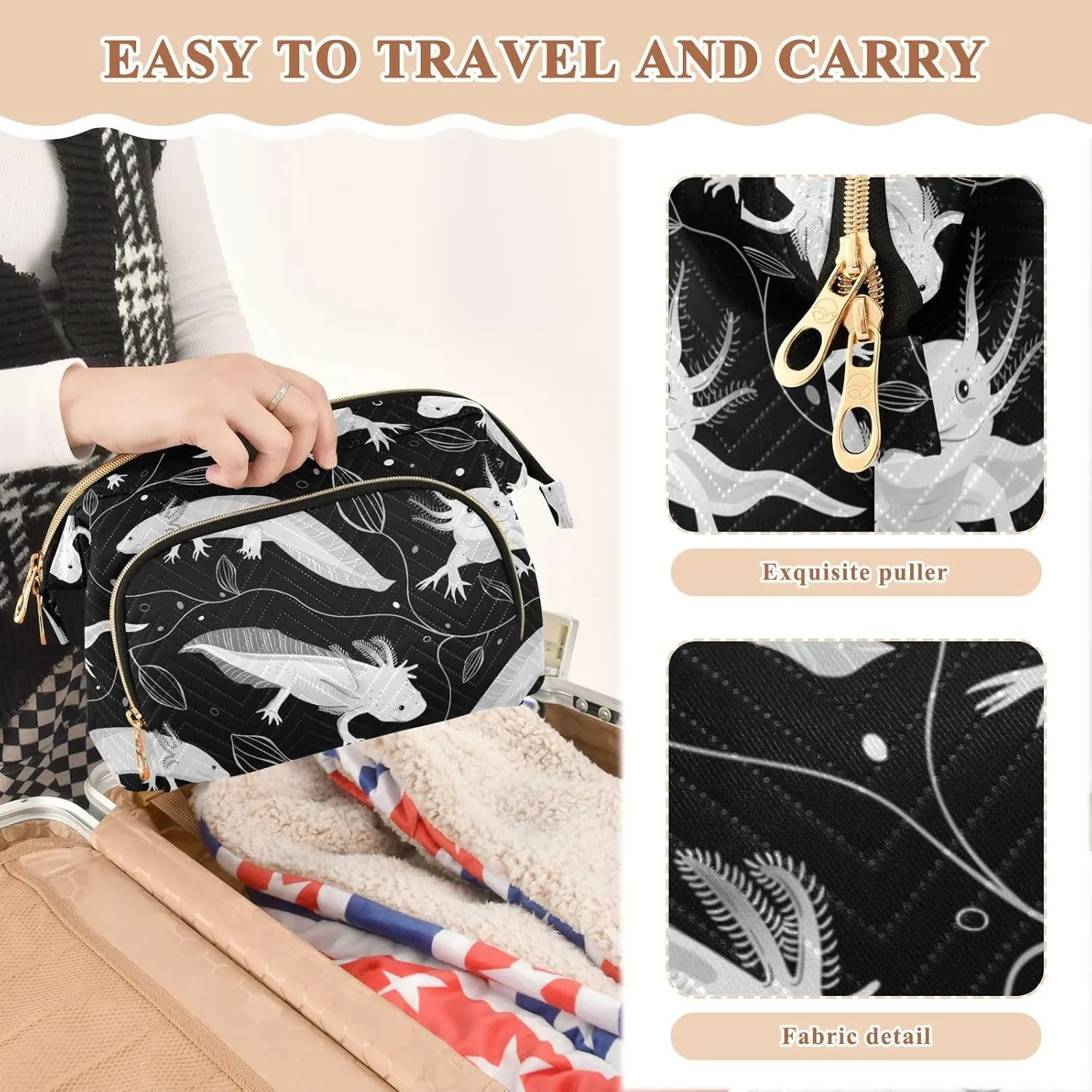 Women Wave Quilt Cosmetic Bag, Storage Pouch Handbag Makeup Case Zipper Toiletry Purse Holder Organizer 10.2x5.9x6.7 in Seamless White Swimming Axolotls, Algae Leaves on Dark