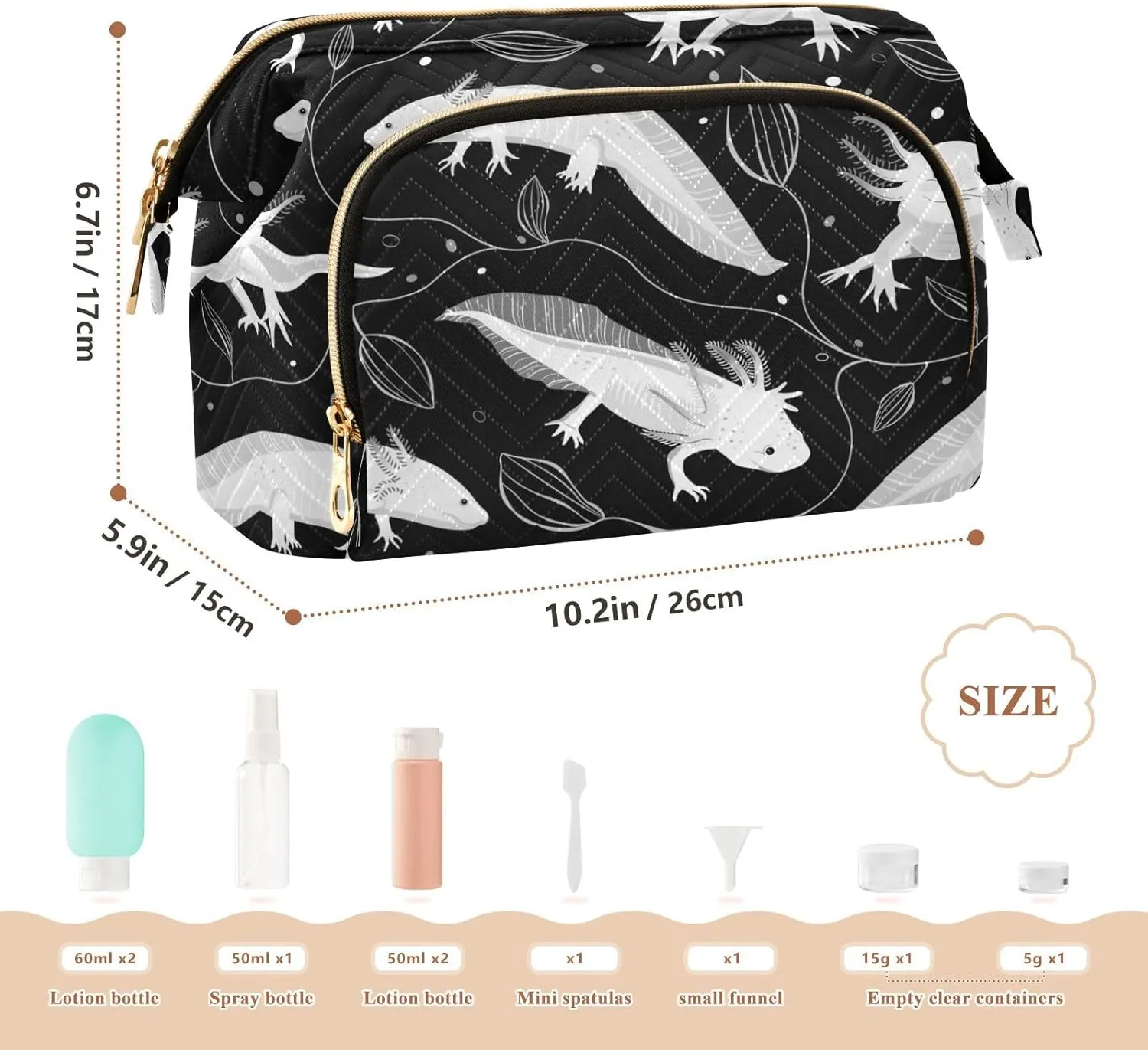 Women Wave Quilt Cosmetic Bag, Storage Pouch Handbag Makeup Case Zipper Toiletry Purse Holder Organizer 10.2x5.9x6.7 in Seamless White Swimming Axolotls, Algae Leaves on Dark
