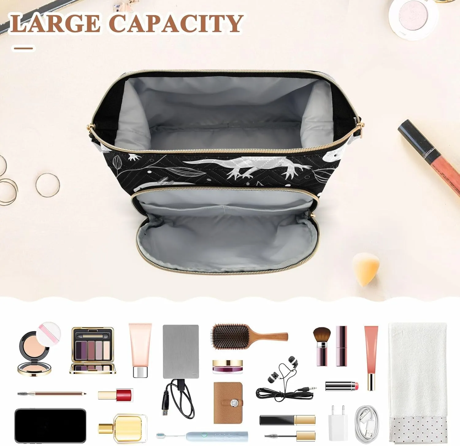 Women Wave Quilt Cosmetic Bag, Storage Pouch Handbag Makeup Case Zipper Toiletry Purse Holder Organizer 10.2x5.9x6.7 in Seamless White Swimming Axolotls, Algae Leaves on Dark