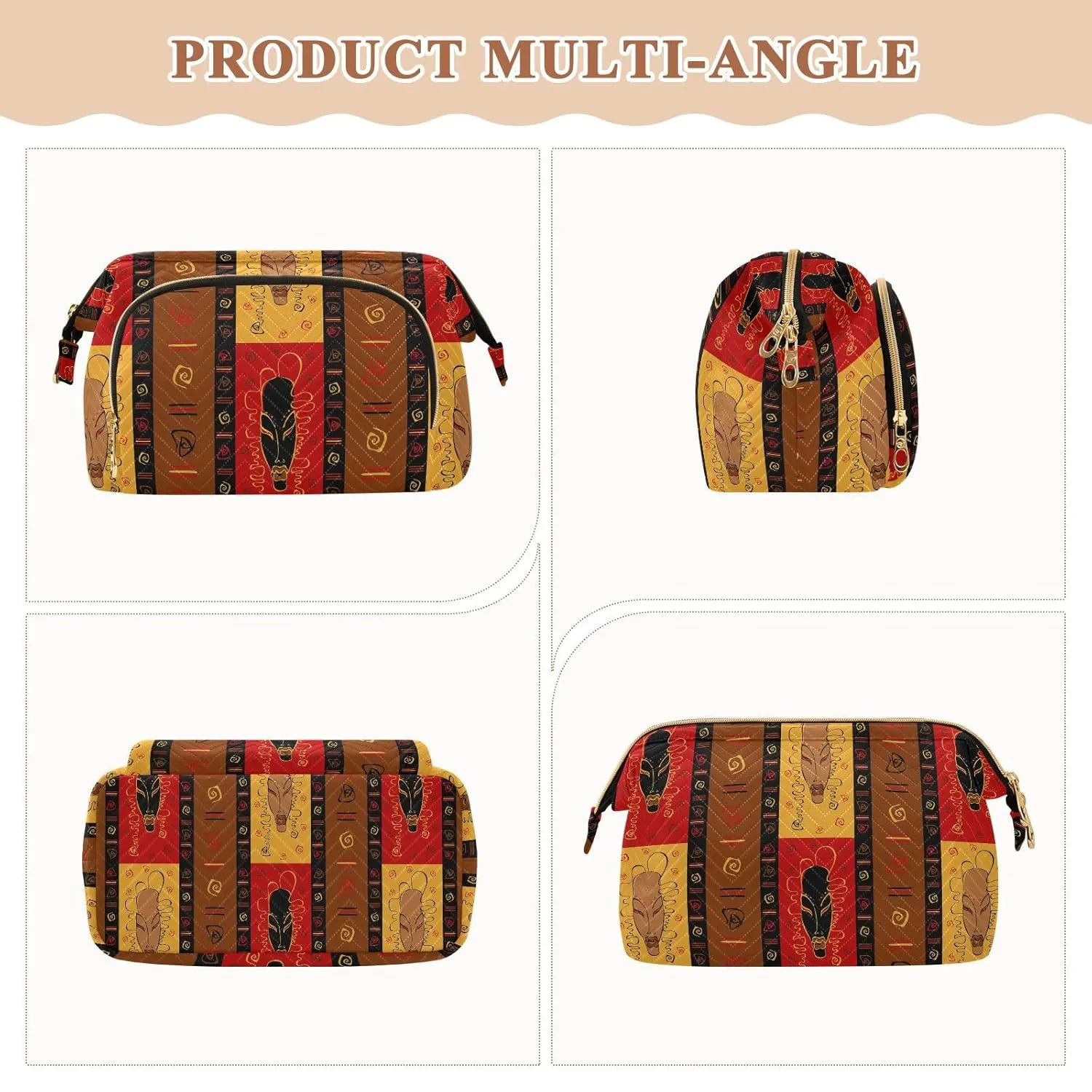 Women Wave Quilt Cosmetic Bag, Zipper Toiletry Storage 10.2x5.9x6.7 in, Pouch Handbag Makeup Case Purse Holder Organizer Print Tribal African Masks Ethnic Afro American Ornament