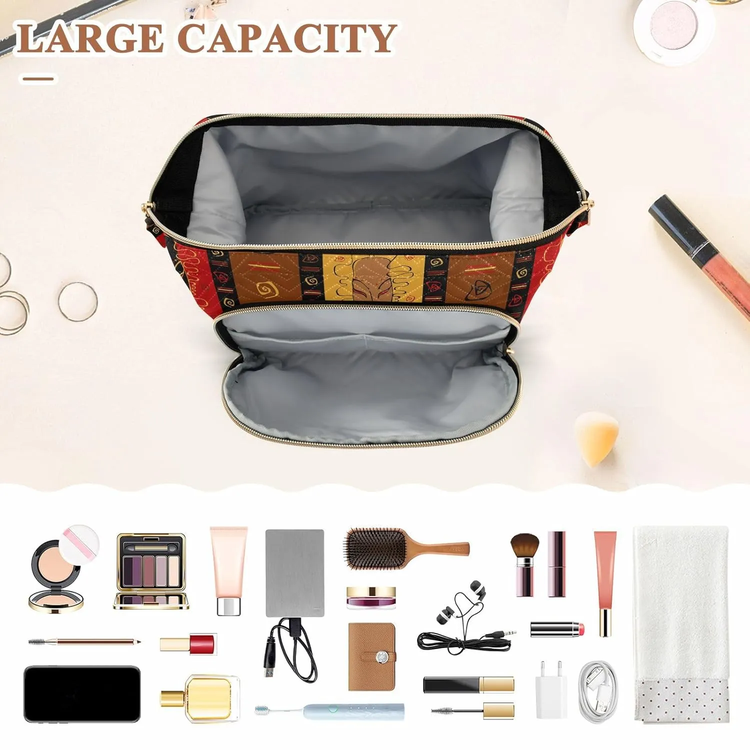 Women Wave Quilt Cosmetic Bag, Zipper Toiletry Storage 10.2x5.9x6.7 in, Pouch Handbag Makeup Case Purse Holder Organizer Print Tribal African Masks Ethnic Afro American Ornament
