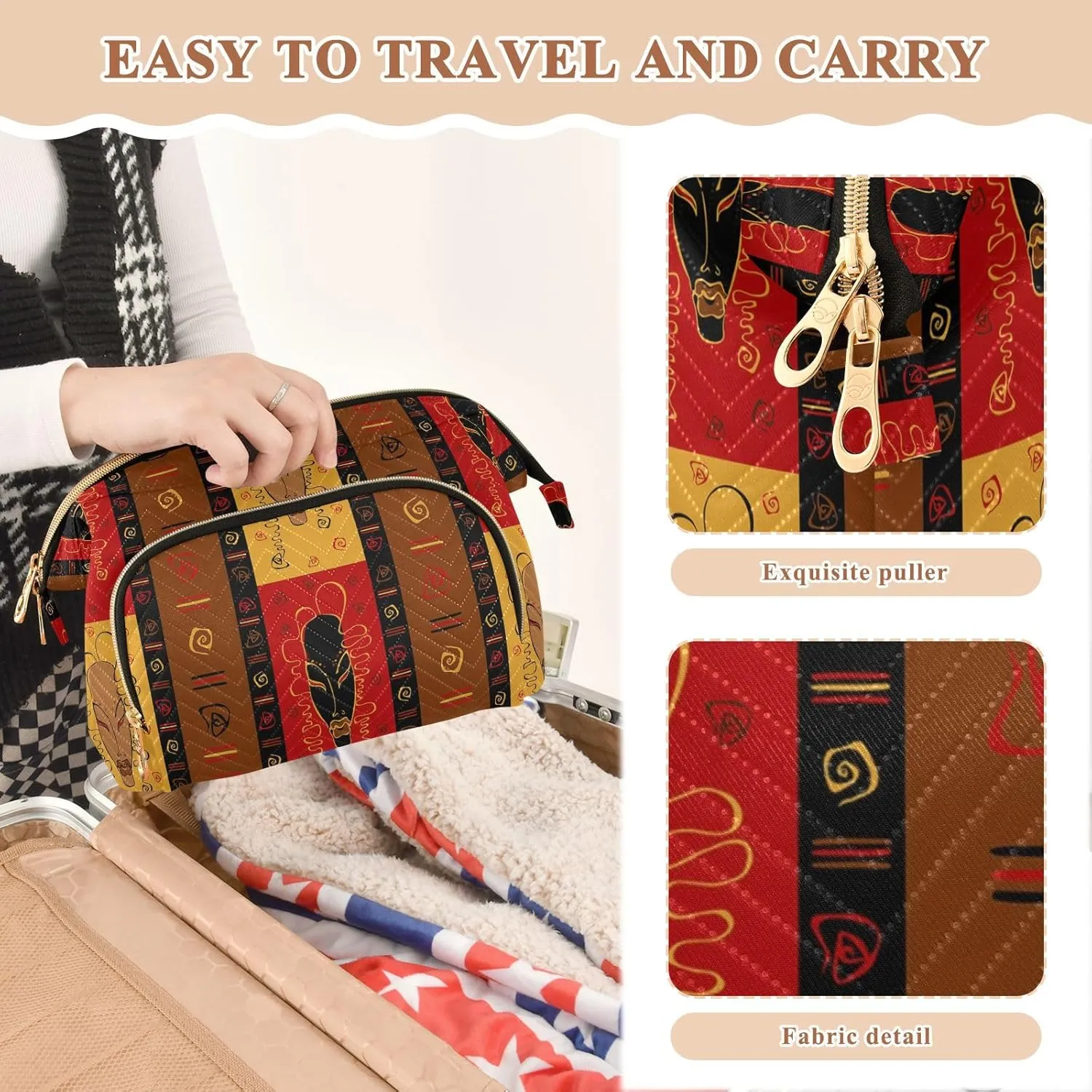 Women Wave Quilt Cosmetic Bag, Zipper Toiletry Storage 10.2x5.9x6.7 in, Pouch Handbag Makeup Case Purse Holder Organizer Print Tribal African Masks Ethnic Afro American Ornament