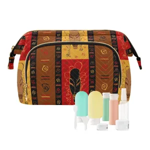 Women Wave Quilt Cosmetic Bag, Zipper Toiletry Storage 10.2x5.9x6.7 in, Pouch Handbag Makeup Case Purse Holder Organizer Print Tribal African Masks Ethnic Afro American Ornament