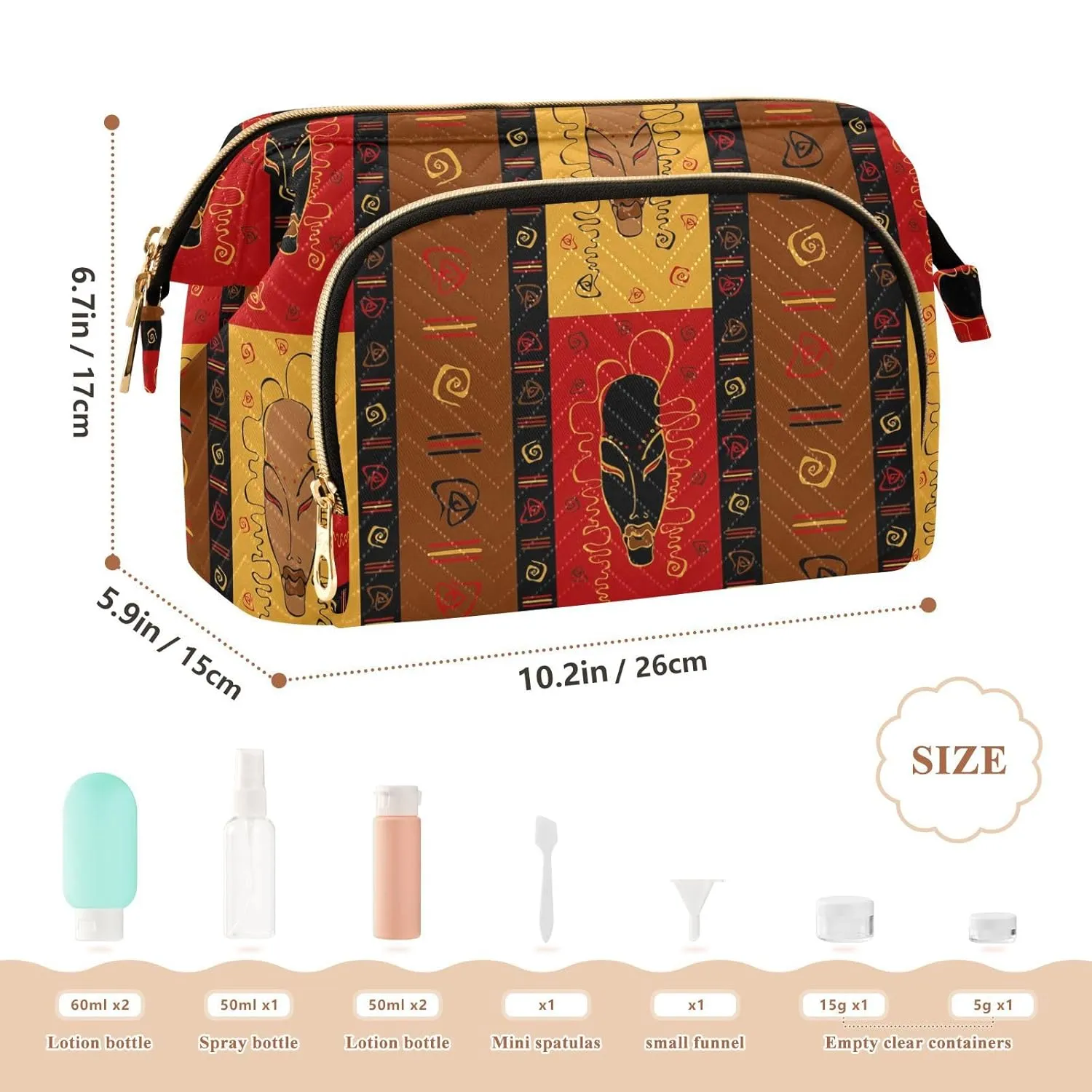 Women Wave Quilt Cosmetic Bag, Zipper Toiletry Storage 10.2x5.9x6.7 in, Pouch Handbag Makeup Case Purse Holder Organizer Print Tribal African Masks Ethnic Afro American Ornament
