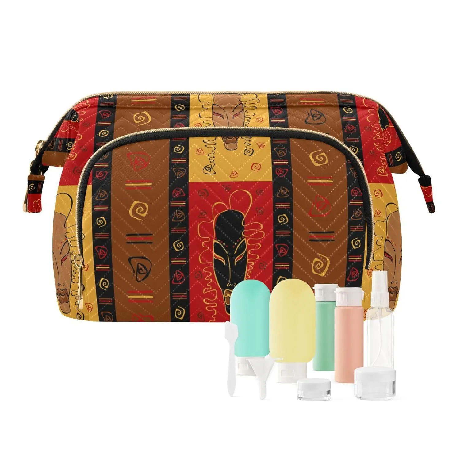 Women Wave Quilt Cosmetic Bag, Zipper Toiletry Storage 10.2x5.9x6.7 in, Pouch Handbag Makeup Case Purse Holder Organizer Print Tribal African Masks Ethnic Afro American Ornament