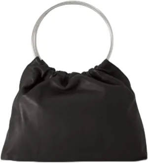 Women's Black Leather Double Flat Strap Handbag Purse