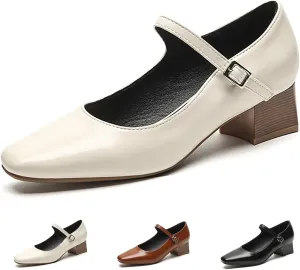 Women's Block Heel Mary Jane Pumps,Classic Square Toe Stacked Heels Slip-on Dress Shoes Retro Adjustable Buckle Comfortable Low Chunky Office Work Pump