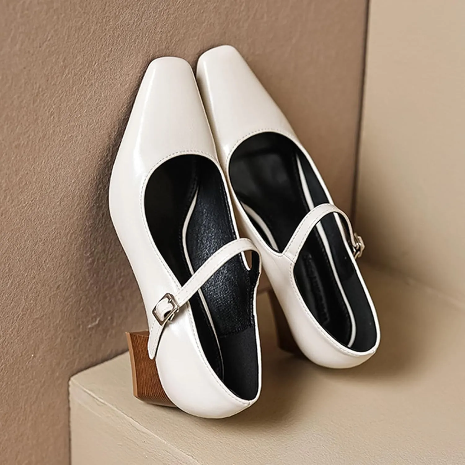 Women's Block Heel Mary Jane Pumps,Classic Square Toe Stacked Heels Slip-on Dress Shoes Retro Adjustable Buckle Comfortable Low Chunky Office Work Pump