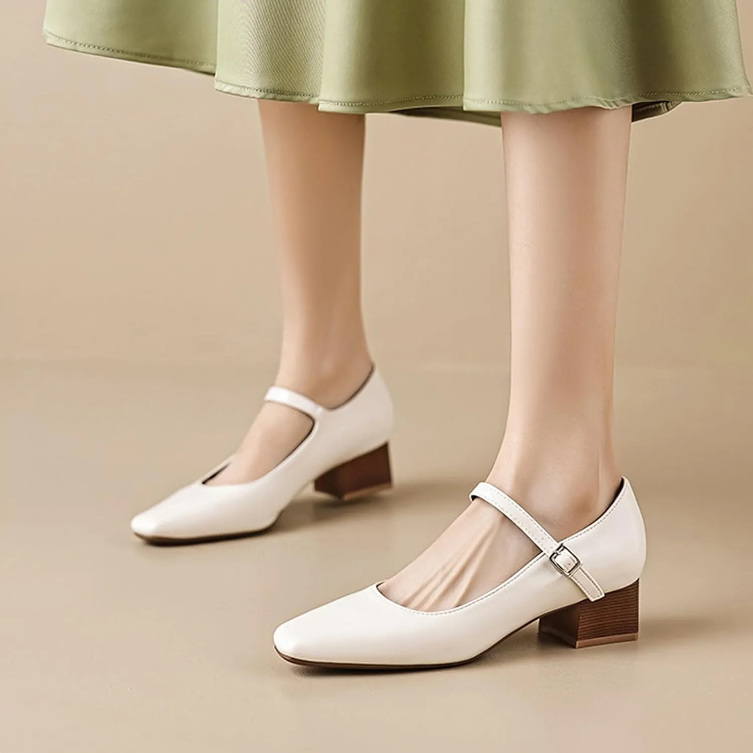 Women's Block Heel Mary Jane Pumps,Classic Square Toe Stacked Heels Slip-on Dress Shoes Retro Adjustable Buckle Comfortable Low Chunky Office Work Pump