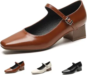 Women's Block Heel Mary Jane Pumps,Classic Square Toe Stacked Heels Slip-on Dress Shoes Retro Adjustable Buckle Comfortable Low Chunky Office Work Pump
