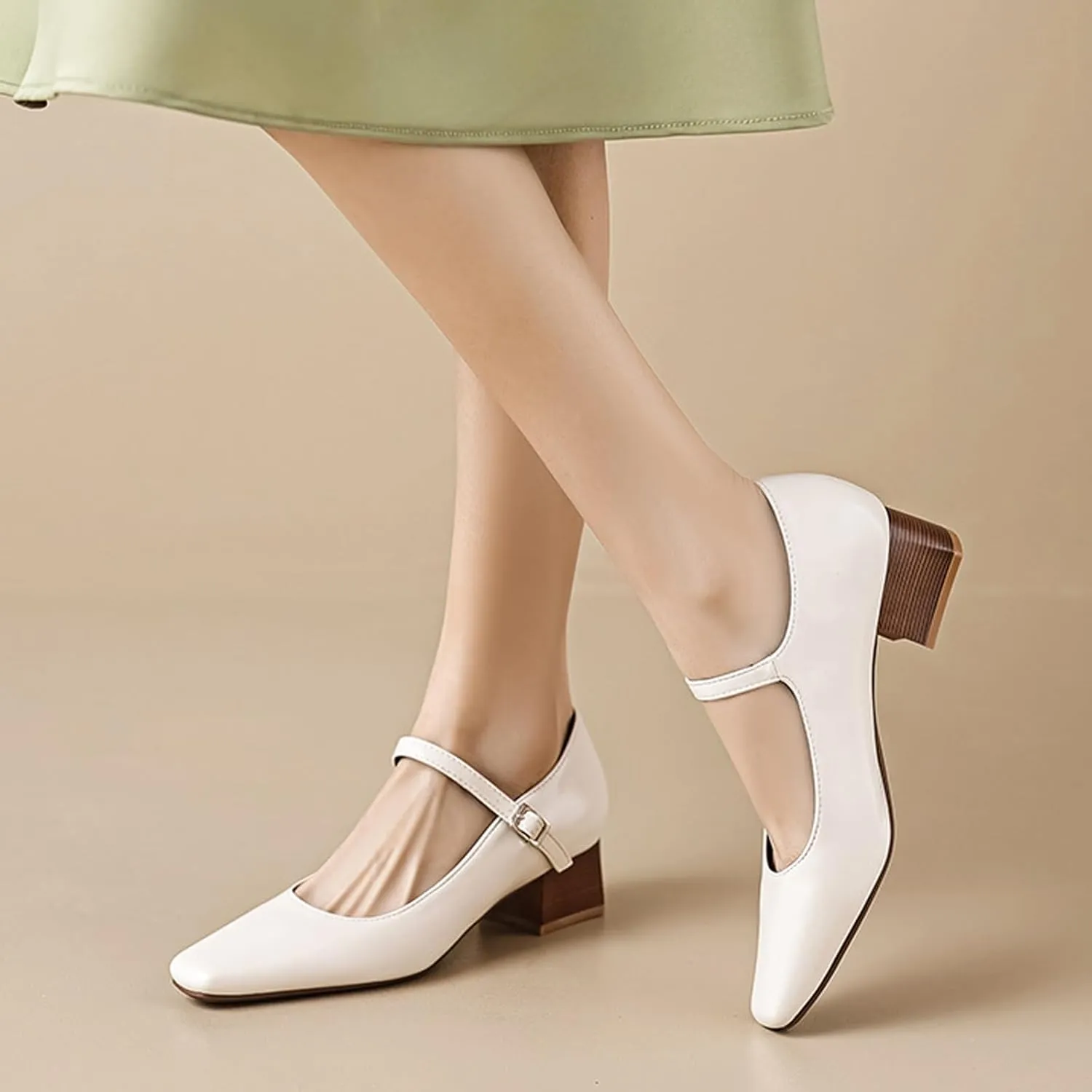 Women's Block Heel Mary Jane Pumps,Classic Square Toe Stacked Heels Slip-on Dress Shoes Retro Adjustable Buckle Comfortable Low Chunky Office Work Pump