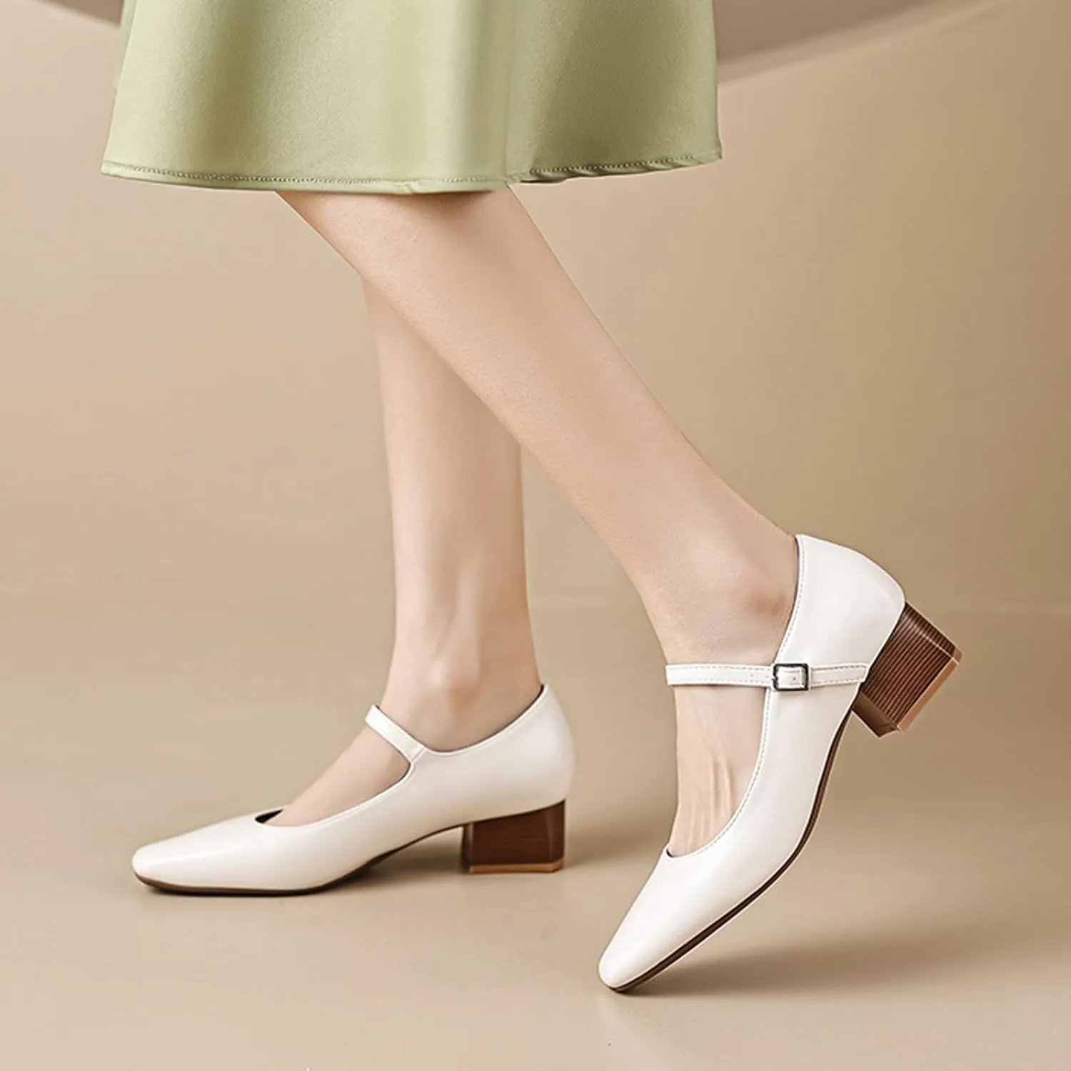 Women's Block Heel Mary Jane Pumps,Classic Square Toe Stacked Heels Slip-on Dress Shoes Retro Adjustable Buckle Comfortable Low Chunky Office Work Pump