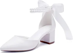 Women's Block Heels Wedding Shoes,Pearl Satin Pumps Heel for Women,Low Chunky Sandals Ankle Strap Wedding Dress Pump Shoes Sandals
