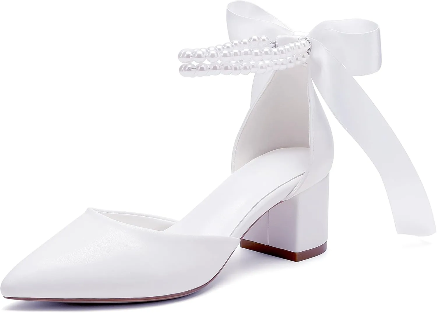 Women's Block Heels Wedding Shoes,Pearl Satin Pumps Heel for Women,Low Chunky Sandals Ankle Strap Wedding Dress Pump Shoes Sandals