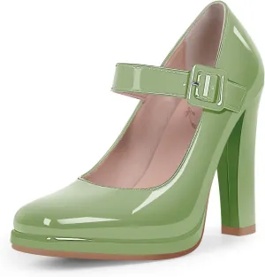Women's Block High Heel Platform Mary Janes Shoes Buckle Strappy Square Toe Dress Pumps