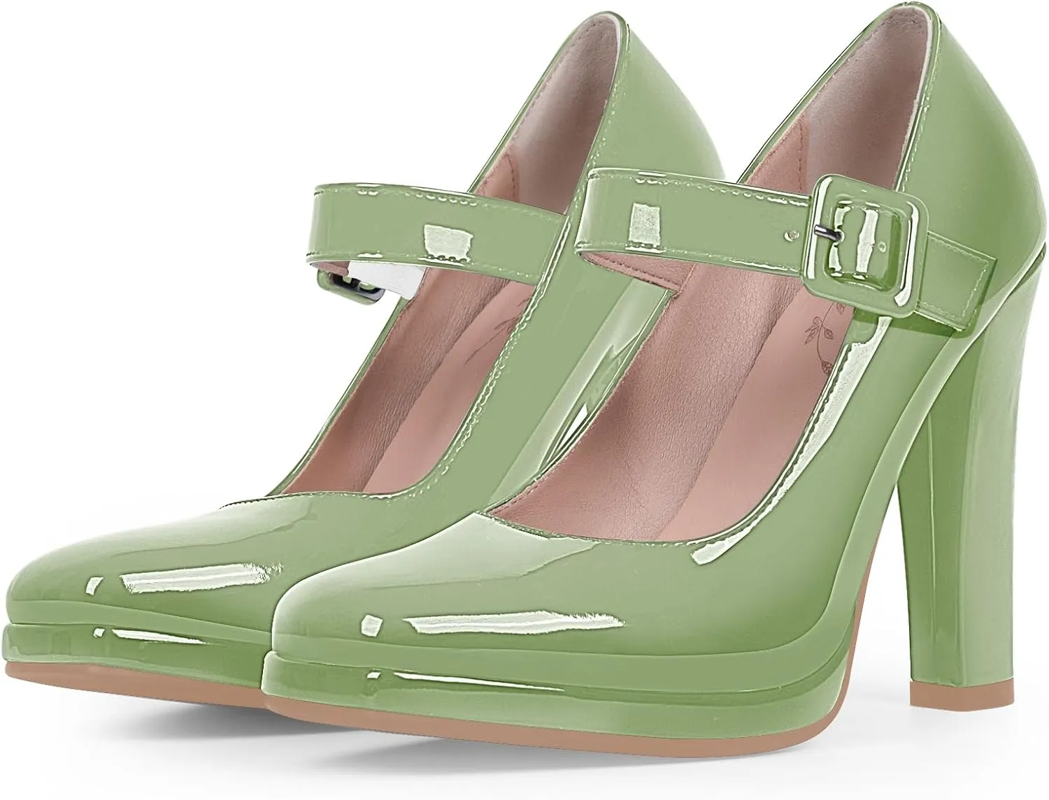 Women's Block High Heel Platform Mary Janes Shoes Buckle Strappy Square Toe Dress Pumps