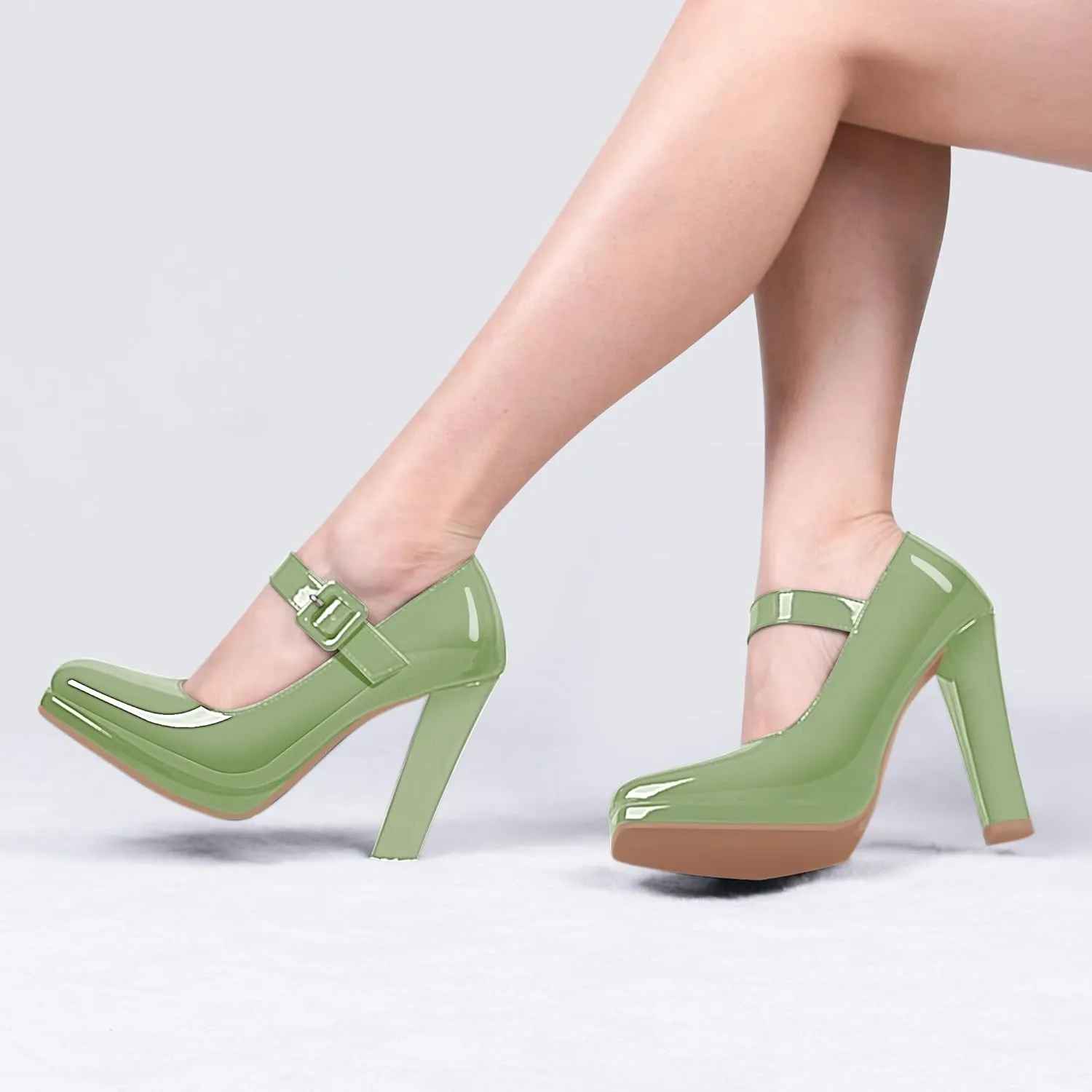 Women's Block High Heel Platform Mary Janes Shoes Buckle Strappy Square Toe Dress Pumps