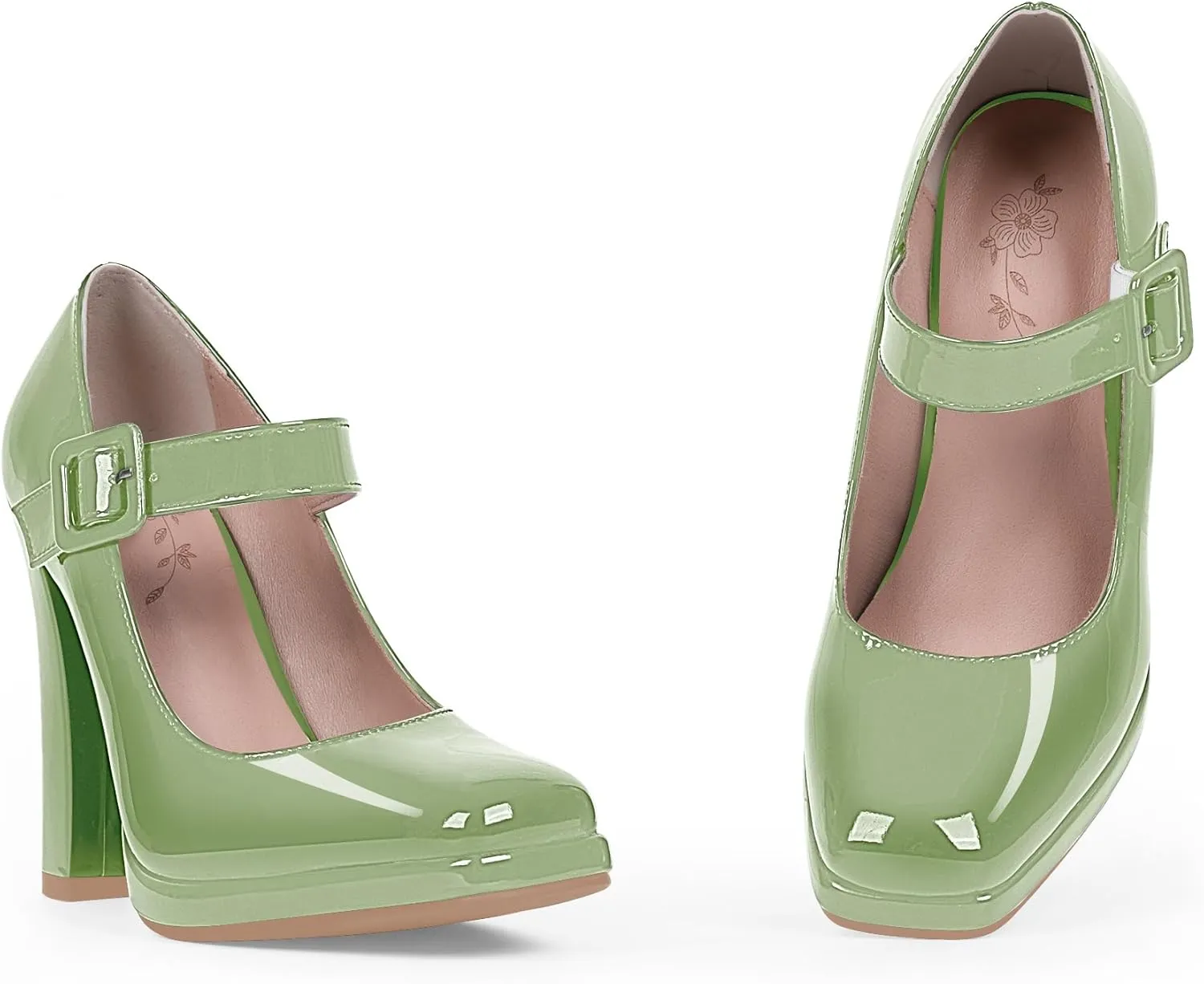 Women's Block High Heel Platform Mary Janes Shoes Buckle Strappy Square Toe Dress Pumps
