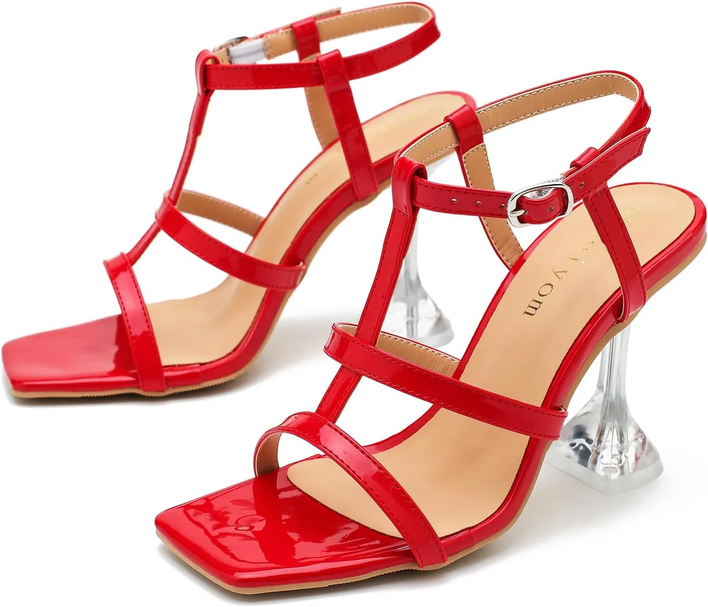 Women's Clear High Heeled Sandals Sexy Kitten Heels Square Toe Ankle Strap Wedding Dress Party Shoes