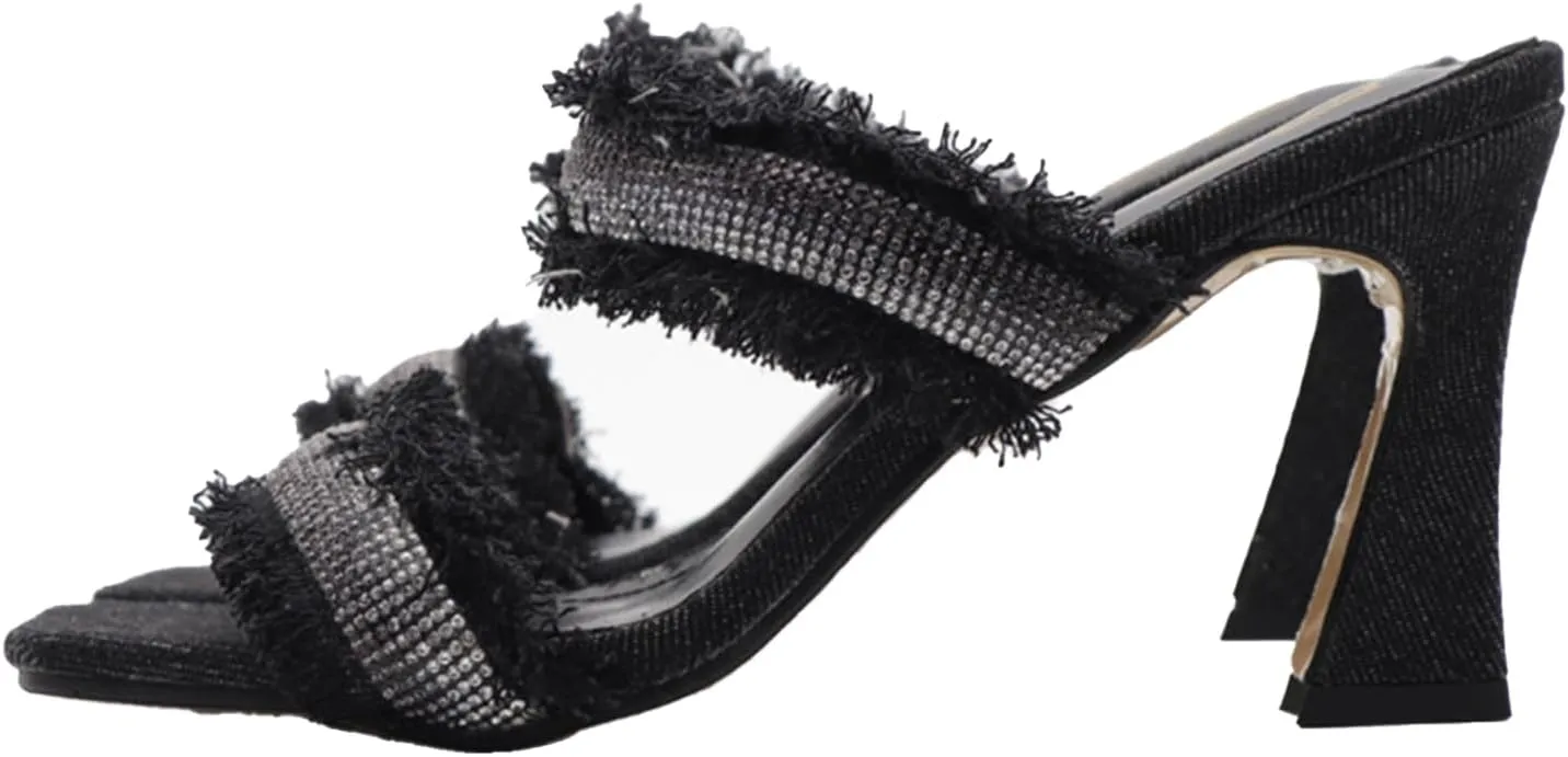 Women's Denim Rhinestone Double Strap High Heel Sandals Fashion Square Toe Slip-On Open Toe High Heel Sandals