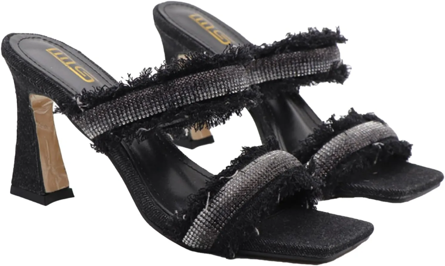 Women's Denim Rhinestone Double Strap High Heel Sandals Fashion Square Toe Slip-On Open Toe High Heel Sandals