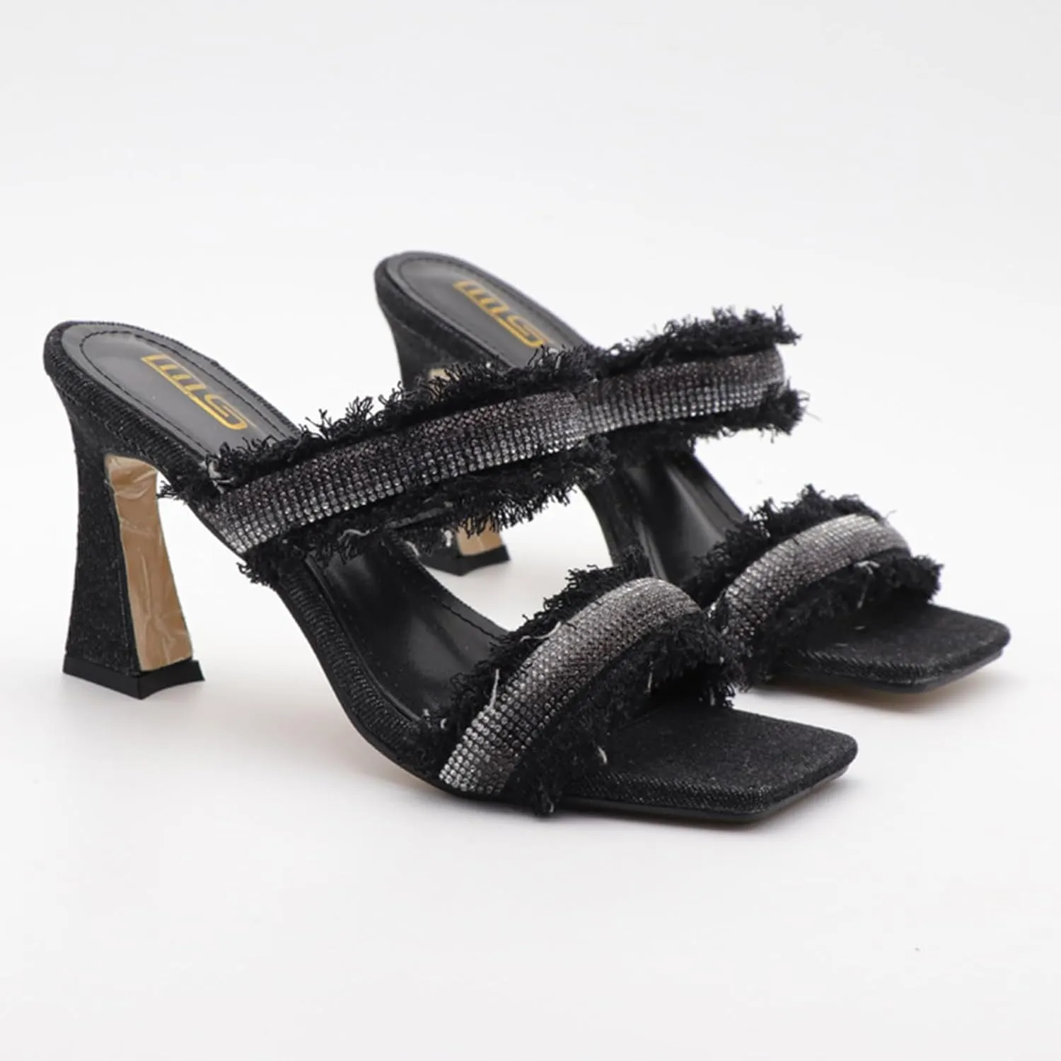 Women's Denim Rhinestone Double Strap High Heel Sandals Fashion Square Toe Slip-On Open Toe High Heel Sandals