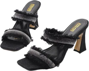 Women's Denim Rhinestone Double Strap High Heel Sandals Fashion Square Toe Slip-On Open Toe High Heel Sandals