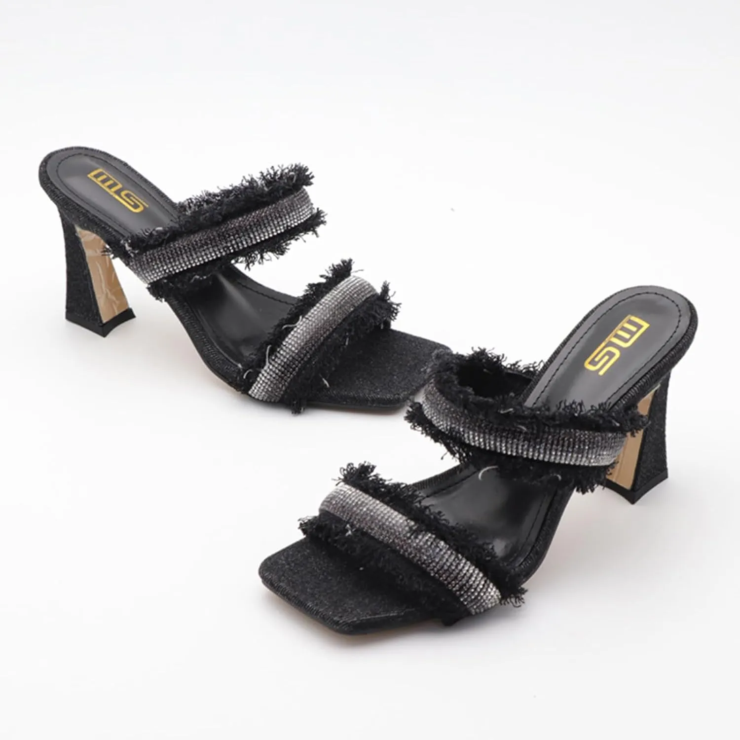 Women's Denim Rhinestone Double Strap High Heel Sandals Fashion Square Toe Slip-On Open Toe High Heel Sandals
