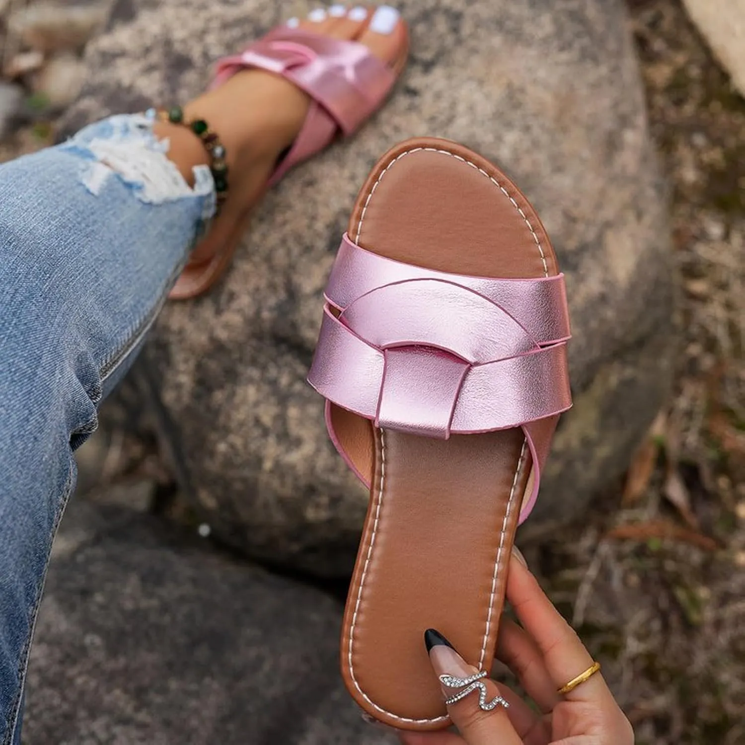 Women's Dressy Flat Sandals Ladies' Casual And Fashionable Summer Flat Slippers One Line Breathable And Comfortable