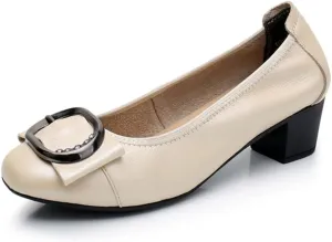 Women's Dressy Mid Heel Pumps with Metal Buckle, Classic Chunky Heel Pump Shoes Closed Round Toe Slip On Wedding Party Dress Shoes Block Chunky Heels for Office Evening