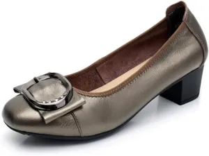 Women's Dressy Mid Heel Pumps with Metal Buckle, Classic Chunky Heel Pump Shoes Closed Round Toe Slip On Wedding Party Dress Shoes Block Chunky Heels for Office Evening